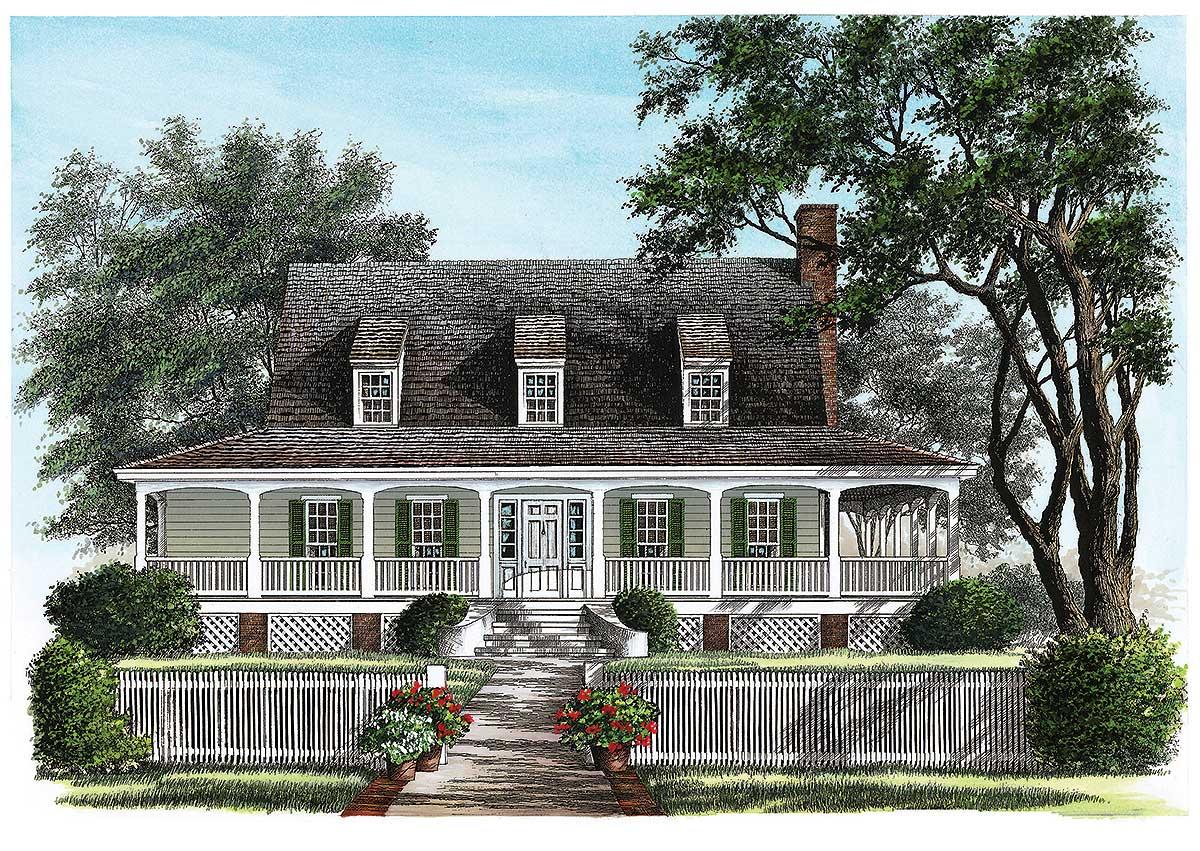 House plan exterior: Two-story Traditional style with hip roof, three dormers, full-width porch with columns, and white picket fence.