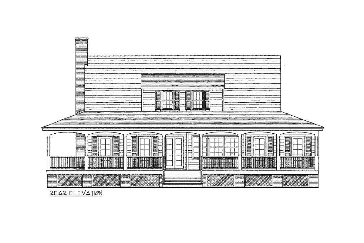 Rear elevation drawing of a two-story house plan with a wrap-around porch, dormers, and a prominent chimney.