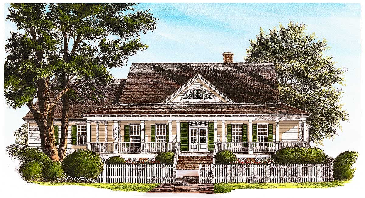 House plan exterior shows a one-story Southern Colonial style home with a wraparound porch, double front doors, and a decorative attic dormer.