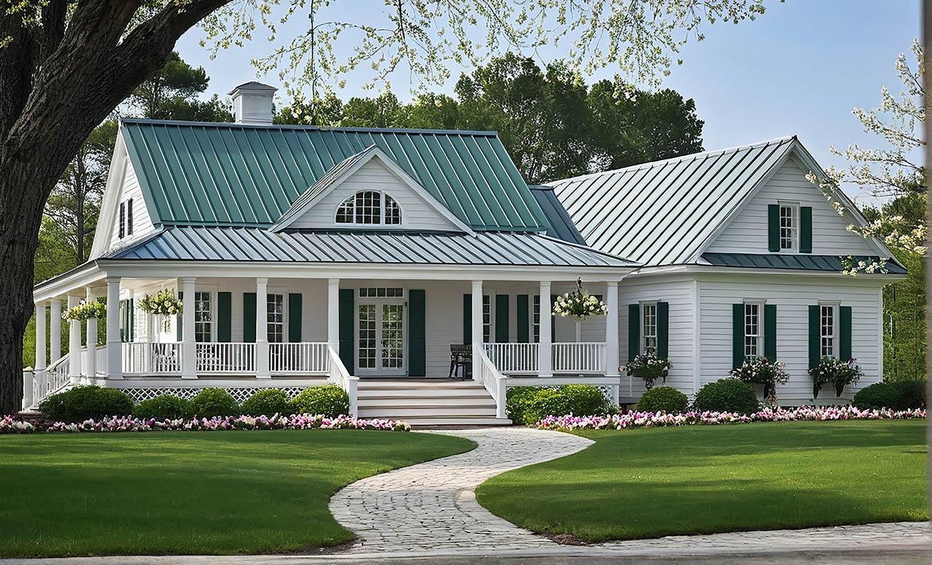 House plan exterior: Two-story Southern Colonial style with a wraparound porch, gables, and a green metal roof.