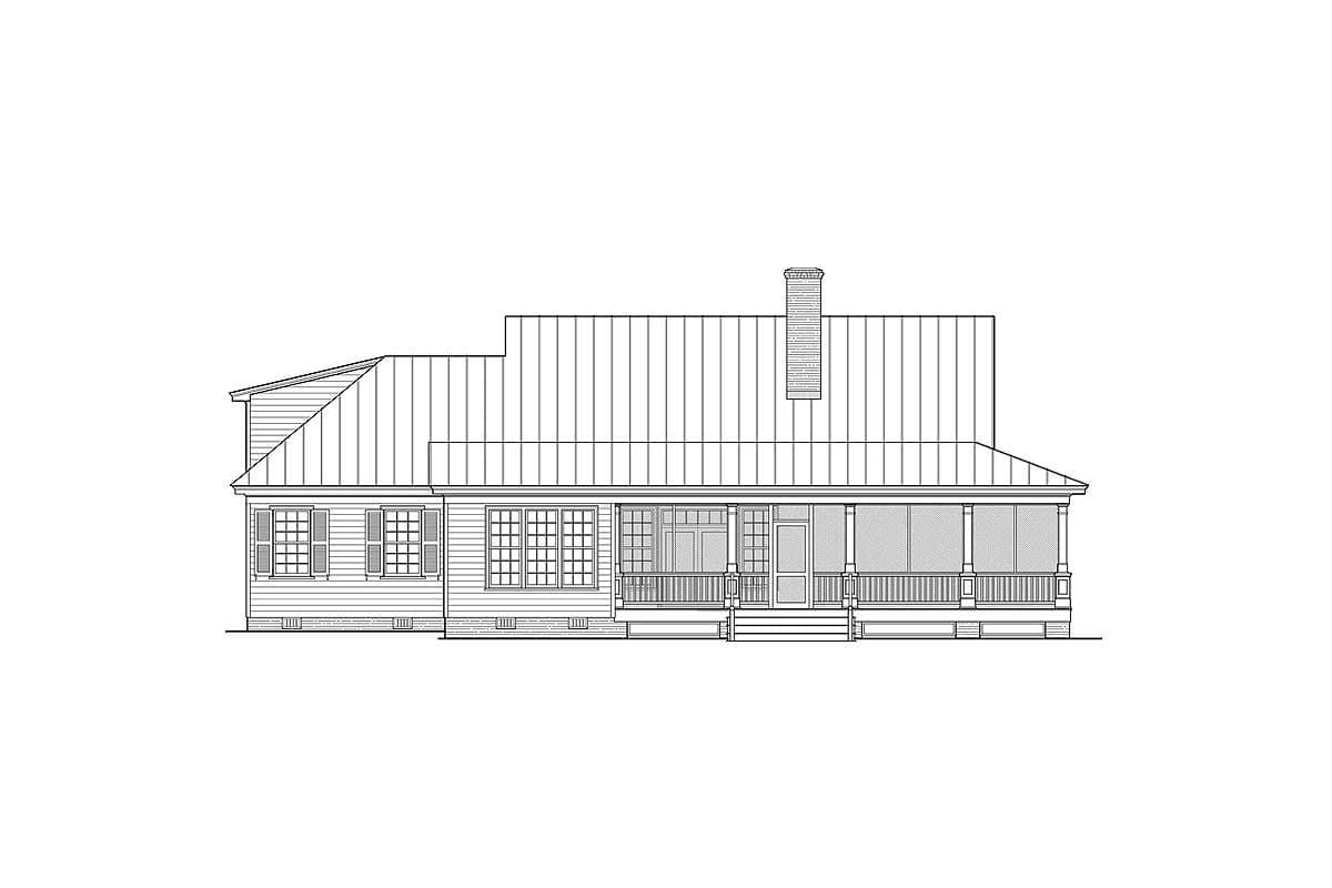 House plan exterior: One-story Craftsman style with metal roof, prominent porch, and chimney.