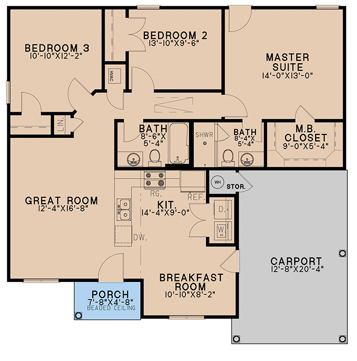 Plan 70815MK: 3-Bed Southern Cottage House Plan with Carport - 1174 Sq Ft - Floor Plan - Main Level - Cottage, Southern, Vacation