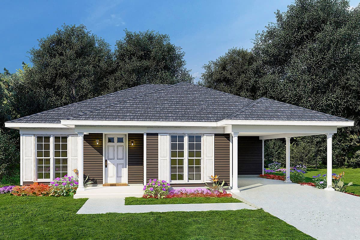 House plan exterior. Single-story with a gabled roof, a carport, and symmetrical facade with windows and shutters.