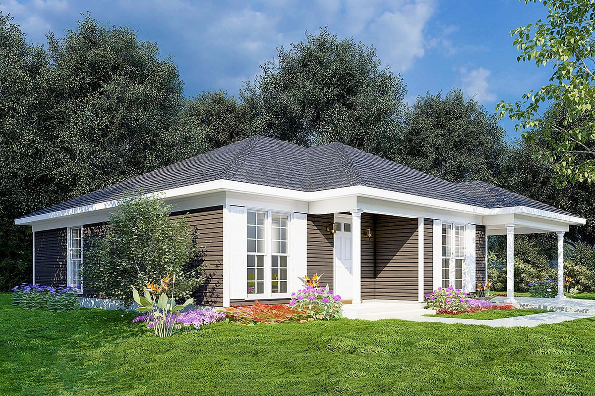 House plan exterior: Ranch style, single story, dark siding, white trim, covered front porch with columns, asphalt shingle roof.