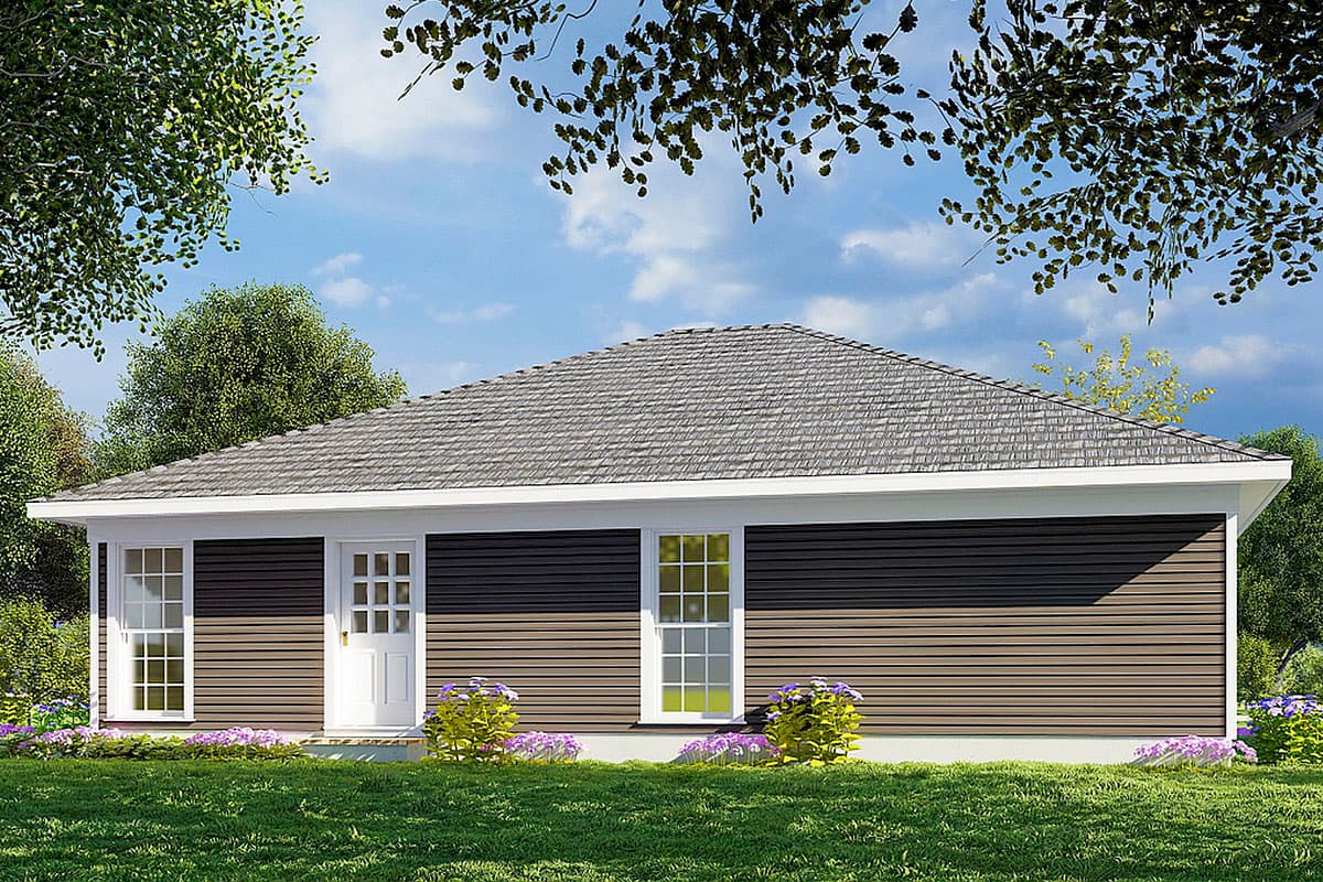 House plan exterior: Ranch style, one story, side-entry garage, prominent hipped roof, with horizontal siding and grid windows.