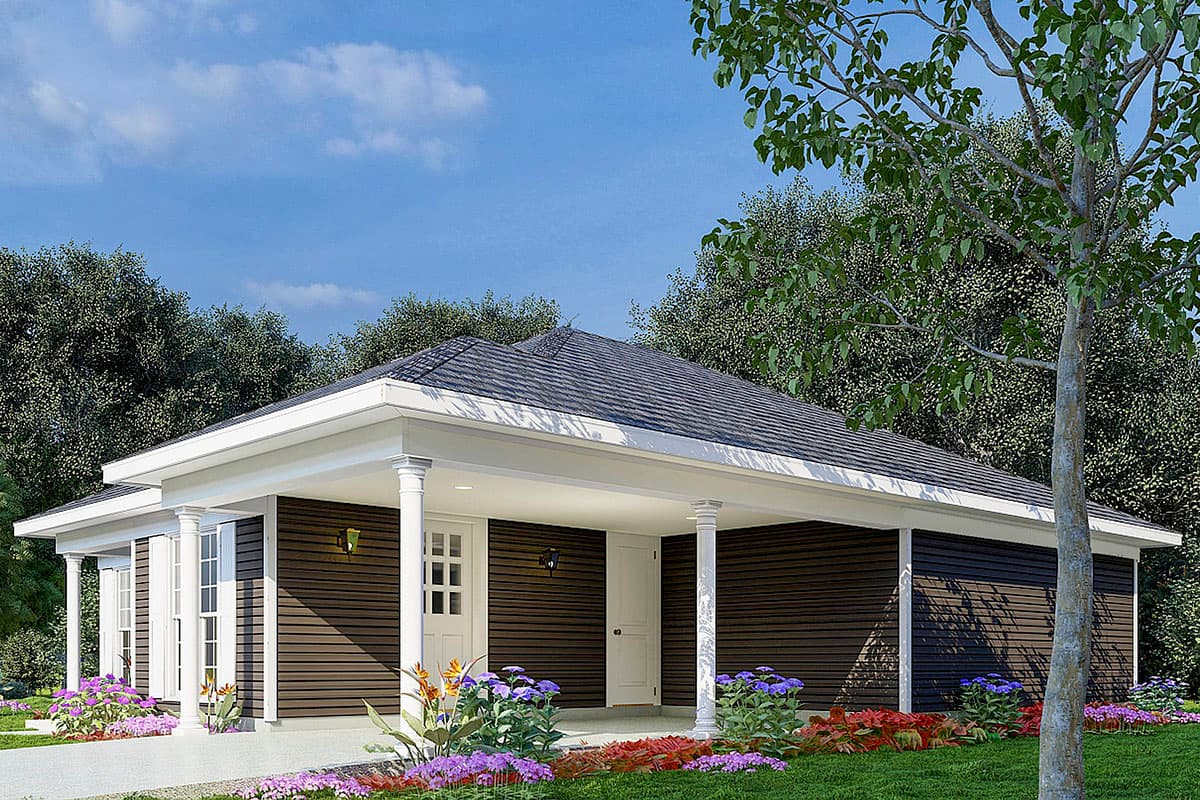 One-story house plan exterior with a covered porch supported by columns, horizontal siding, and a gable roof.