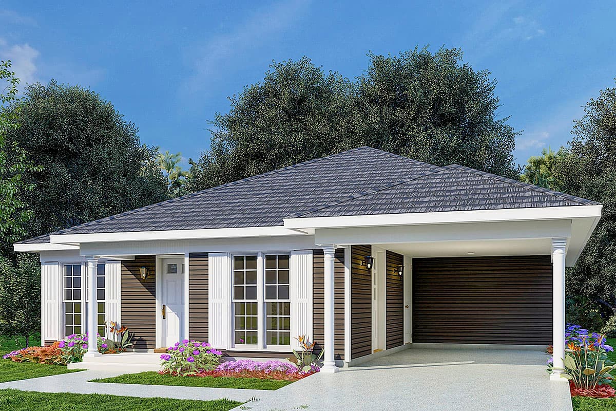 House plan exterior: Ranch style, one story with a covered front porch, multi-pane windows, and a carport.