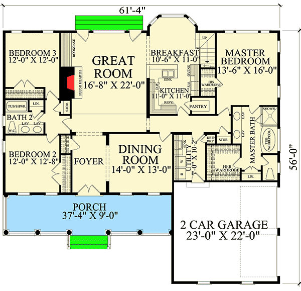 Plan 32644WP: 3 Bed Country Cottage with Bonus Level - Floor Plan - Main Level - Cottage, Country, Farmhouse, Southern