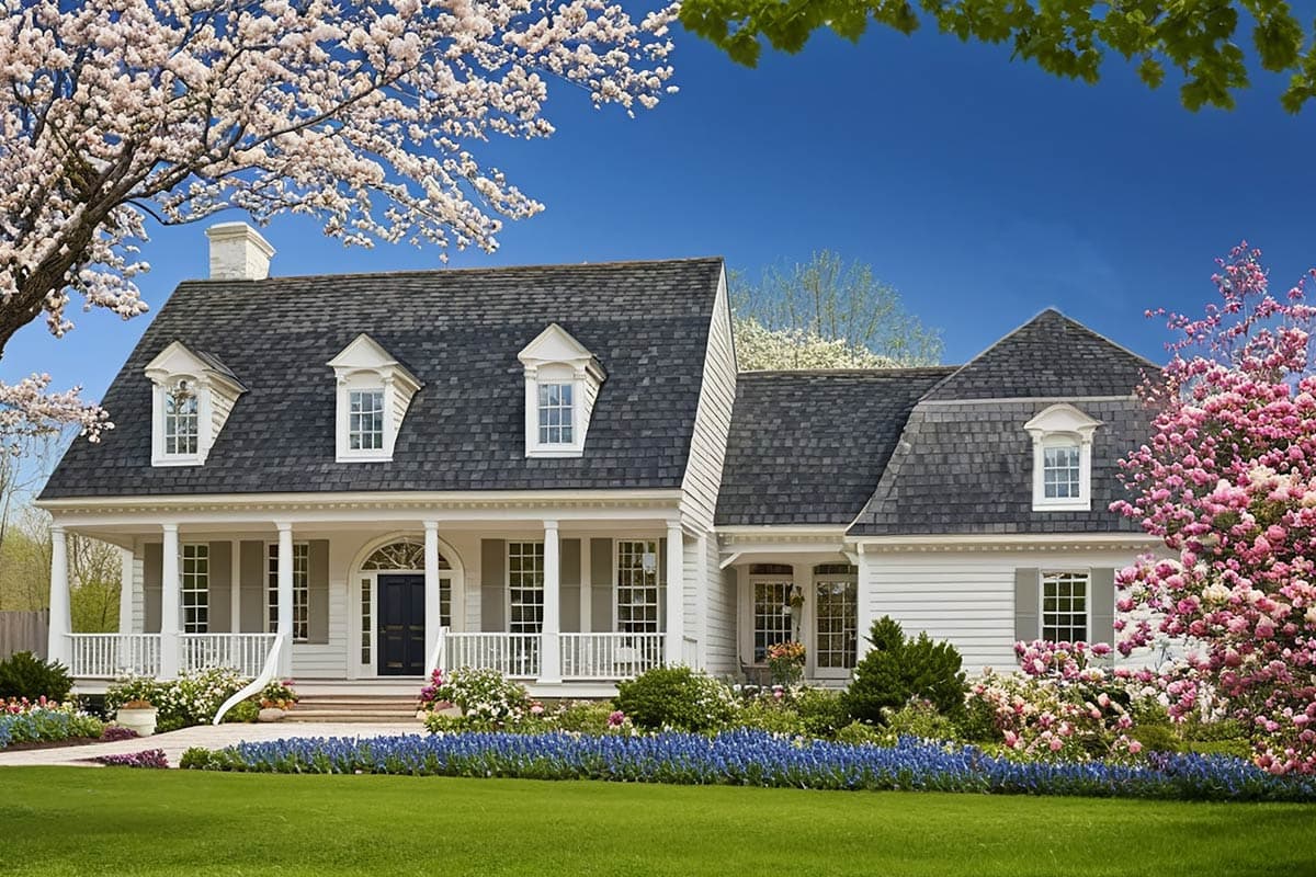 House plan exterior: French Country style, two stories, wraparound porch, dormer windows, gambrel roof.