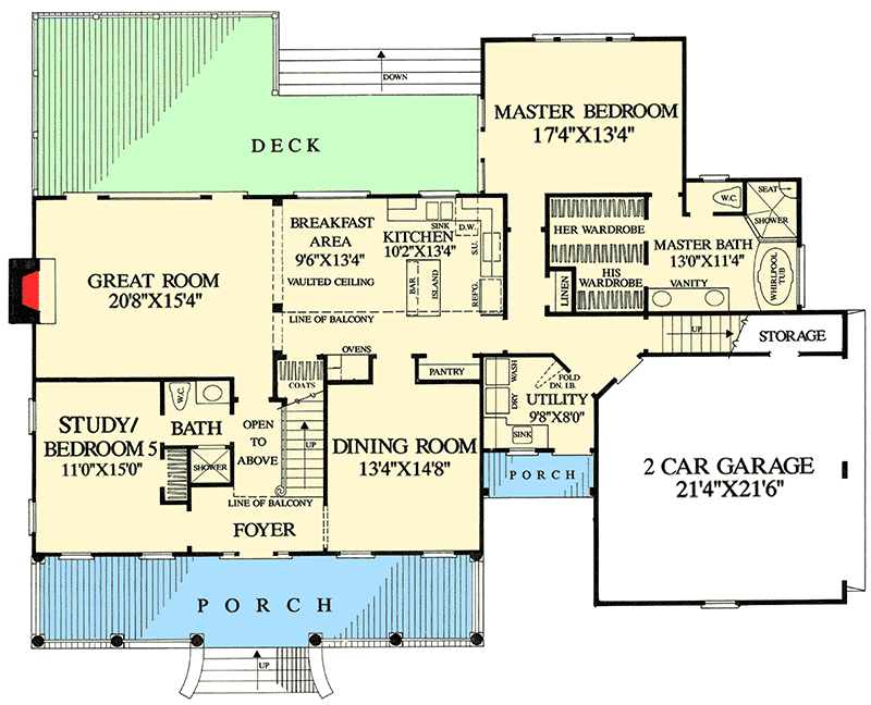 Plan 32649WP: Gambrel Roof House Plan with 4 or 5 Bedsedrooms - Floor Plan - Main Level - Country, Southern, Traditional