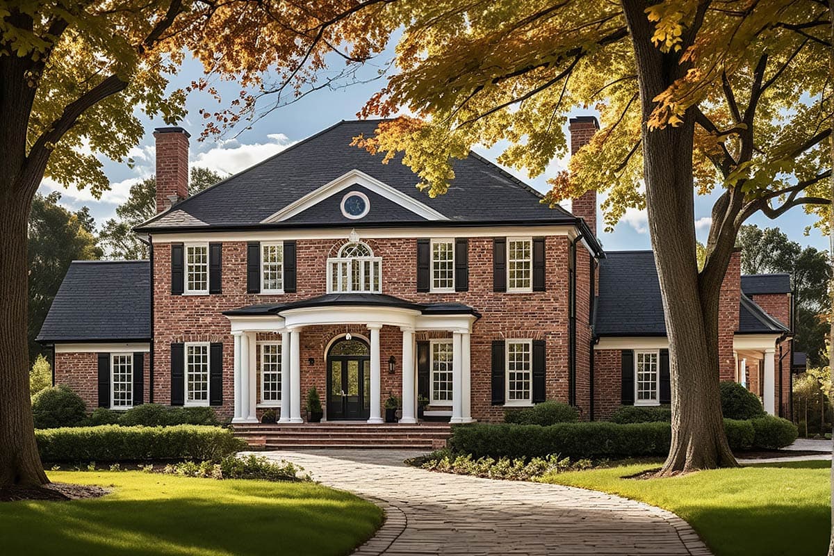Two-story brick house plan with central portico, classical columns, multi-pane windows, and dormers.