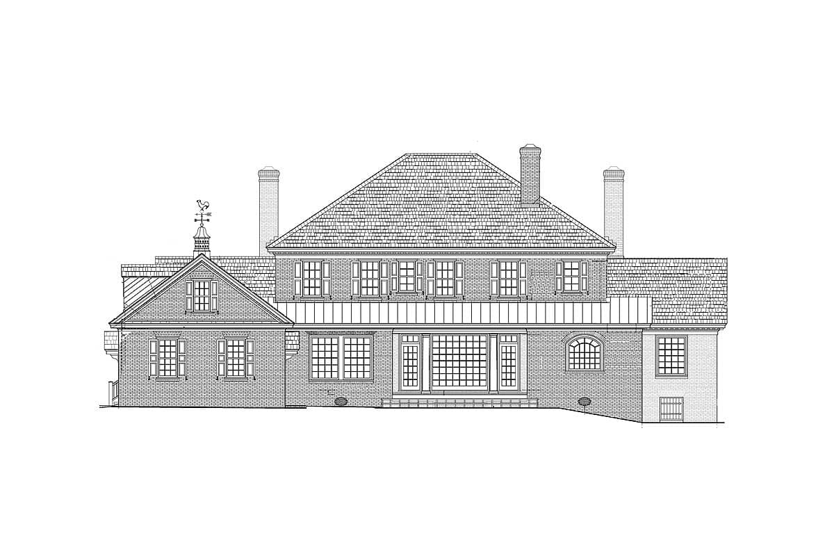 Front elevation drawing of a two-story brick house with a hip roof, multiple gables, and symmetrical window placement.