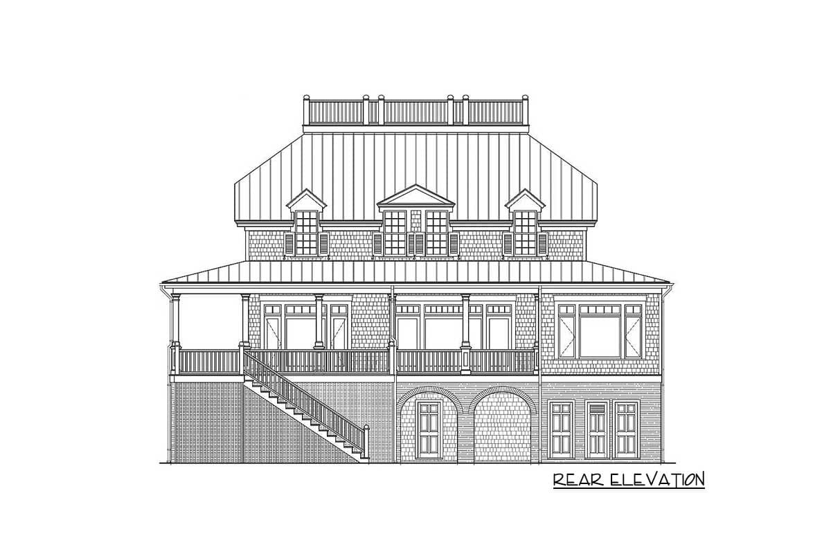 Rear elevation drawing of a multi-story house with a mansard roof, dormers, wraparound porch, and arched openings.