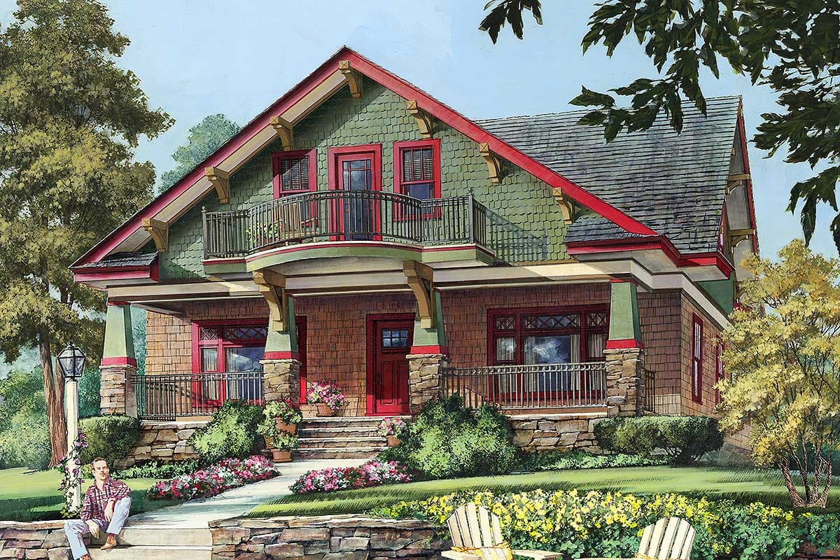 Craftsman style house plan exterior with a wraparound porch, two stories, arched second-story balcony, and prominent gables.