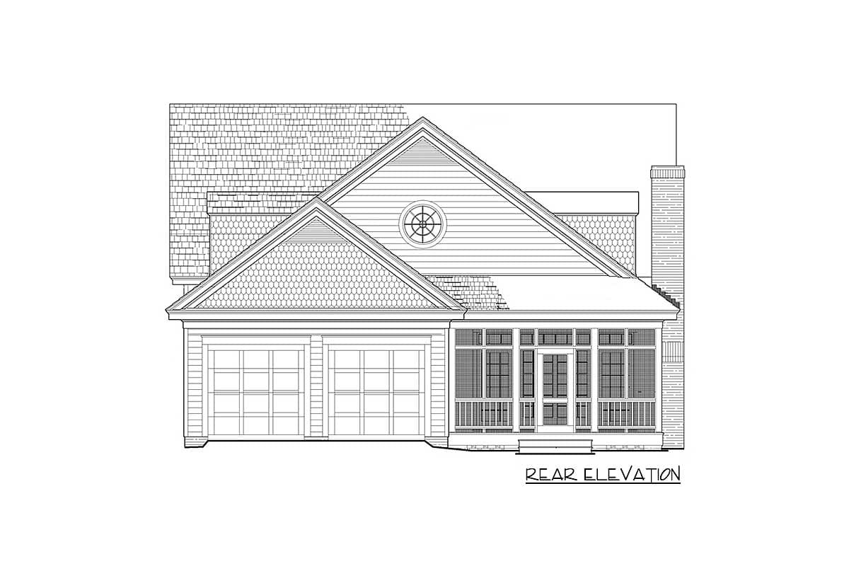 Rear elevation house plan drawing with two-car garage, gabled rooflines, and a covered porch with multiple windows.