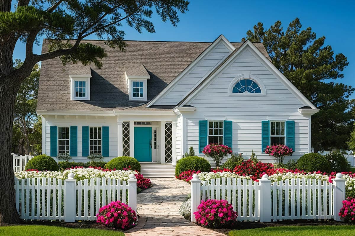 A white house with a turquoise door and shutters, adorned with a white picket fence and vibrant flower beds leading to the entrance.