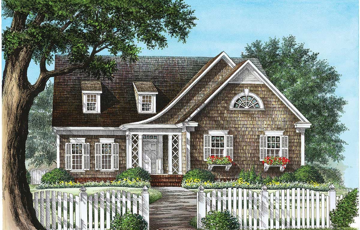 House plan exterior: Traditional two-story home with a covered entry, dormer windows, arched window, and wood shake siding.