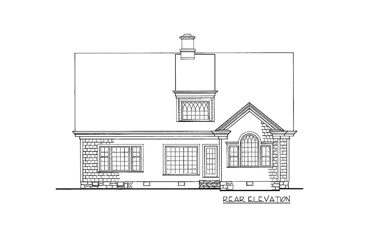 Rear elevation drawing of a house plan featuring a dormer, arched window, brick and clapboard siding, and chimney.