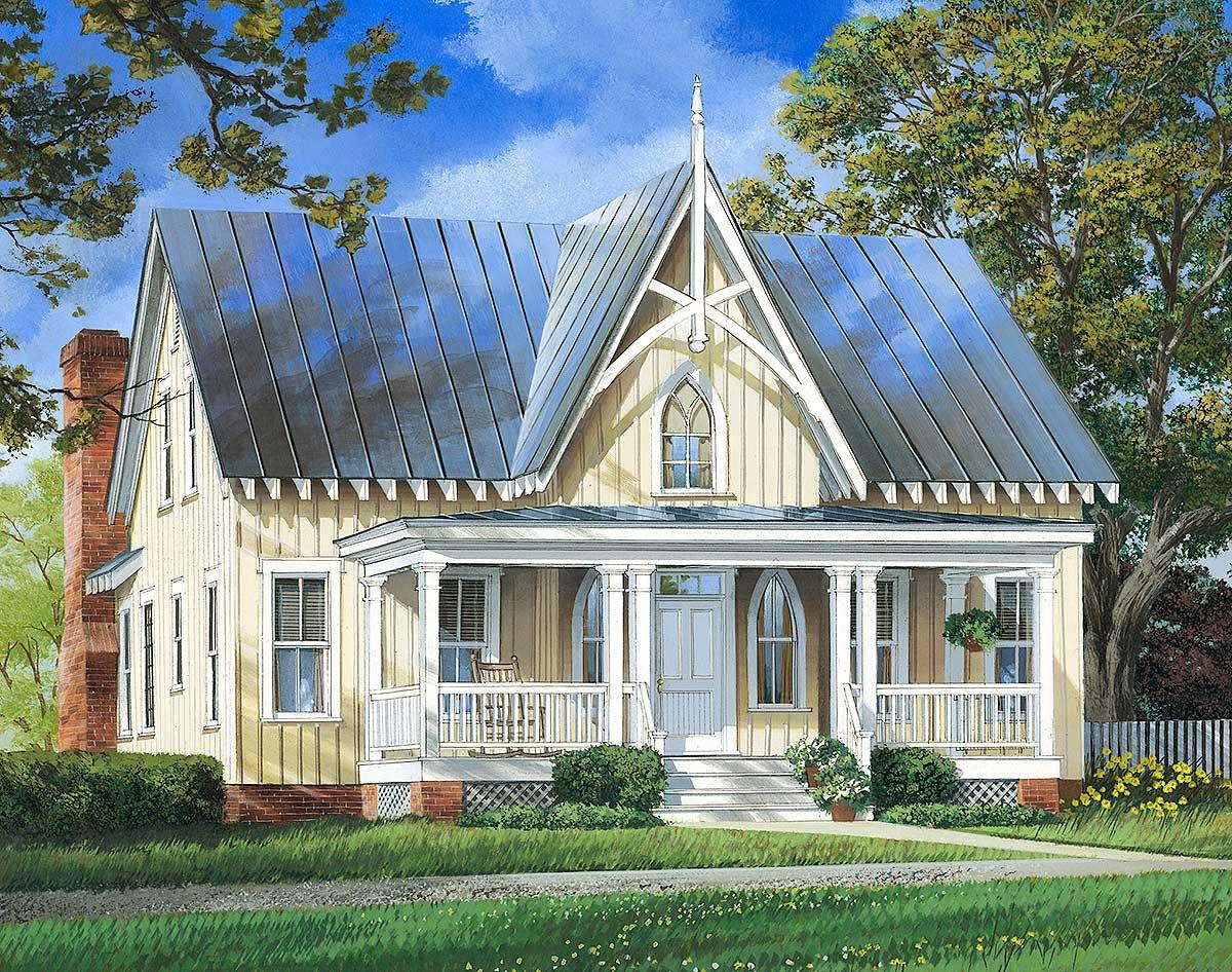 Gothic Revival house plan exterior with steep gable roof, decorative trim, and wraparound porch with white railings.