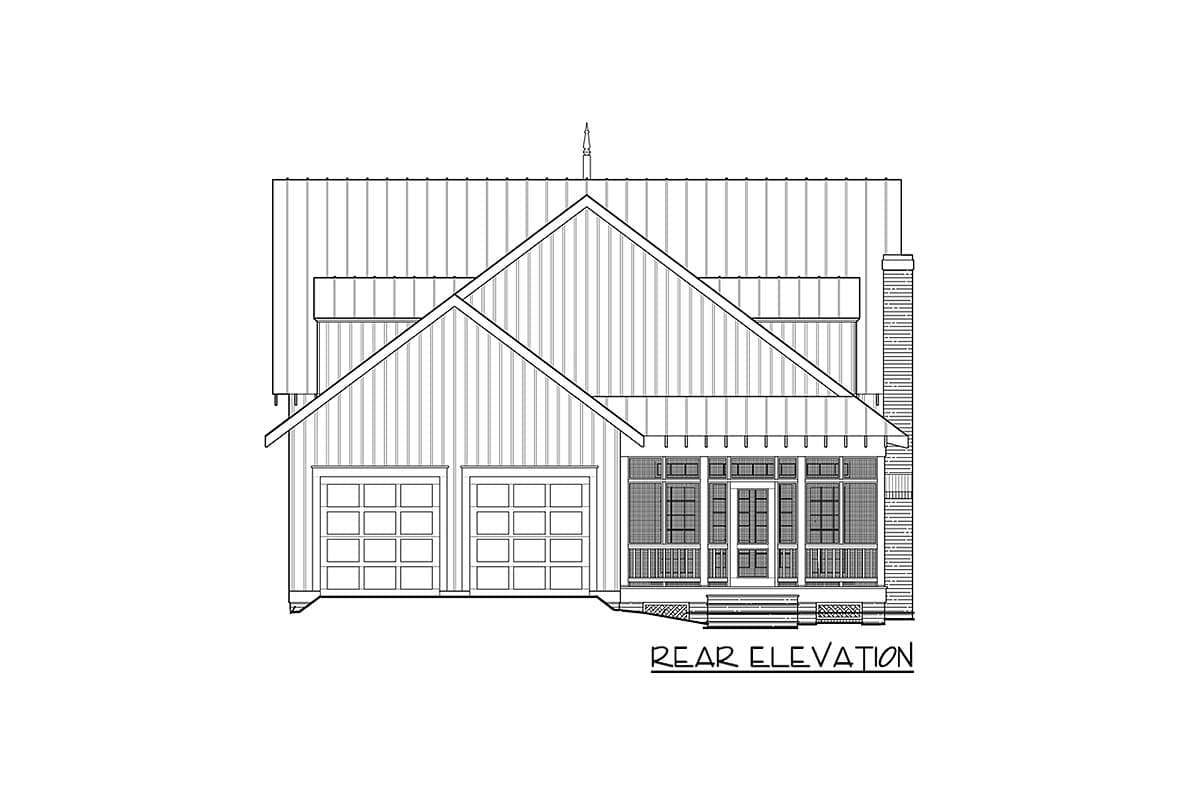 Rear elevation drawing of house plan with two-car garage, gabled roof, and covered front porch.