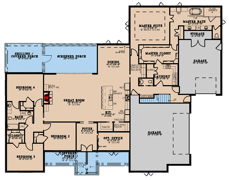Plan 70816MK: 4-Bed Country Craftsman House Plan with Screened Porch - Floor Plan - Main Level - Country, Craftsman, New American, Traditional