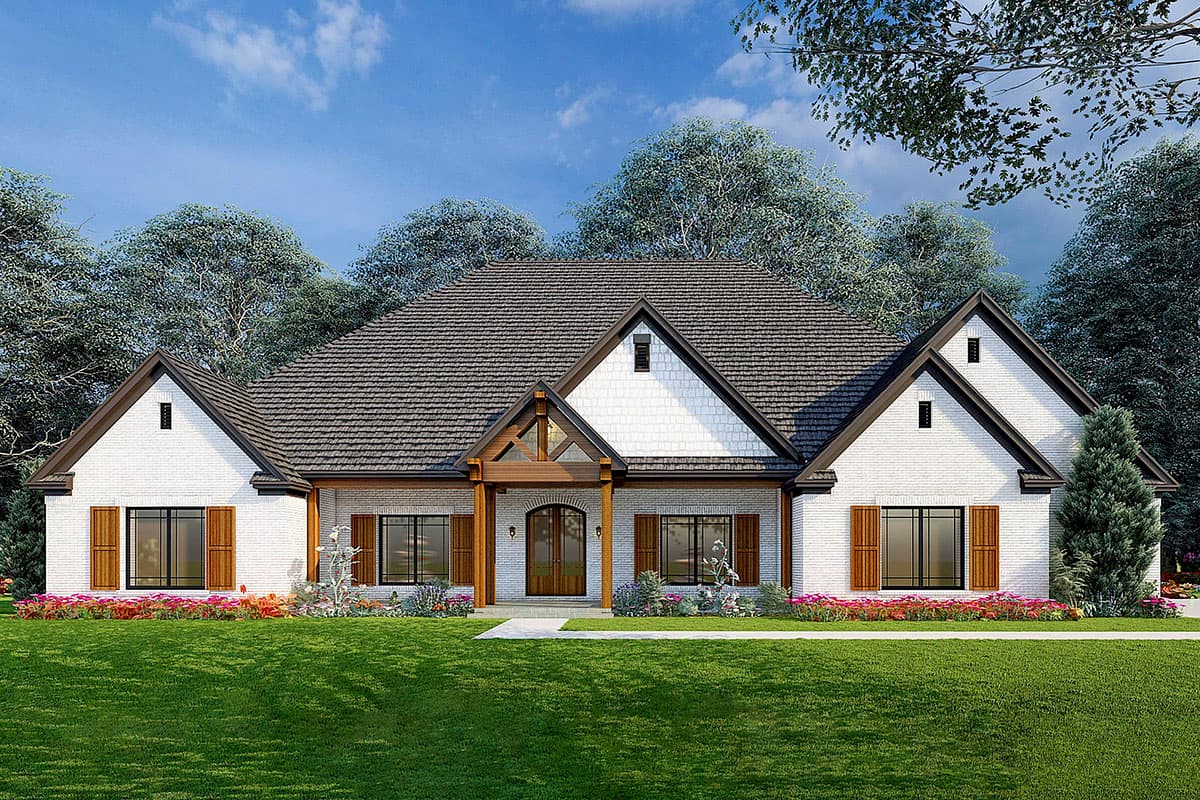 House plan exterior with Craftsman style, single story. Features include multiple gables, exposed timber accents, and a covered front porch.