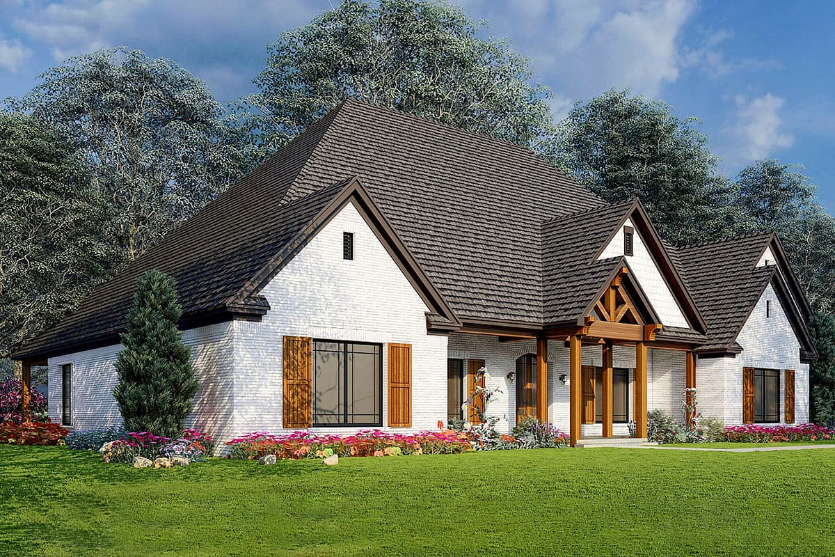 House plan exterior: white brick, one-story, prominent gabled roof, covered porch with timber framing and stone accents.