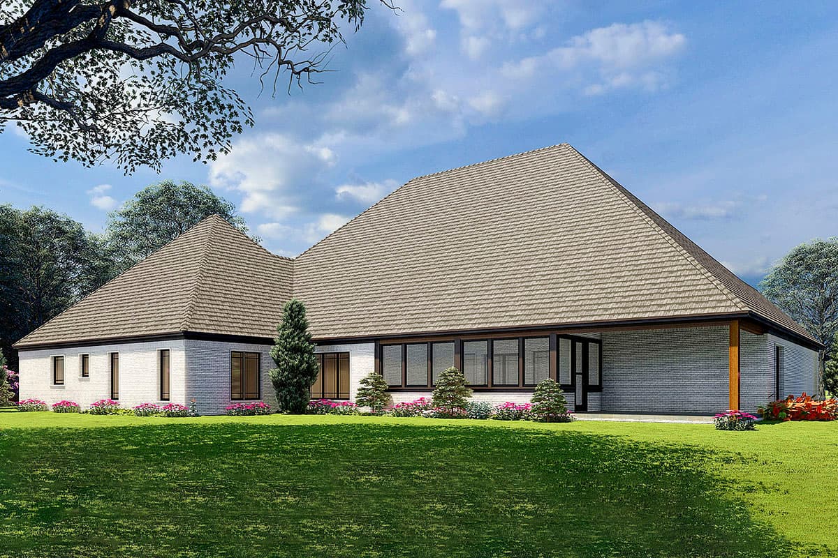 House plan exterior, single-story, white brick, hip roof, covered porch, and large windows.