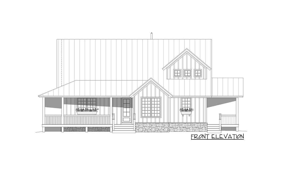 Front elevation drawing of a two-story house plan with gabled dormers, covered porches, and stone foundation.