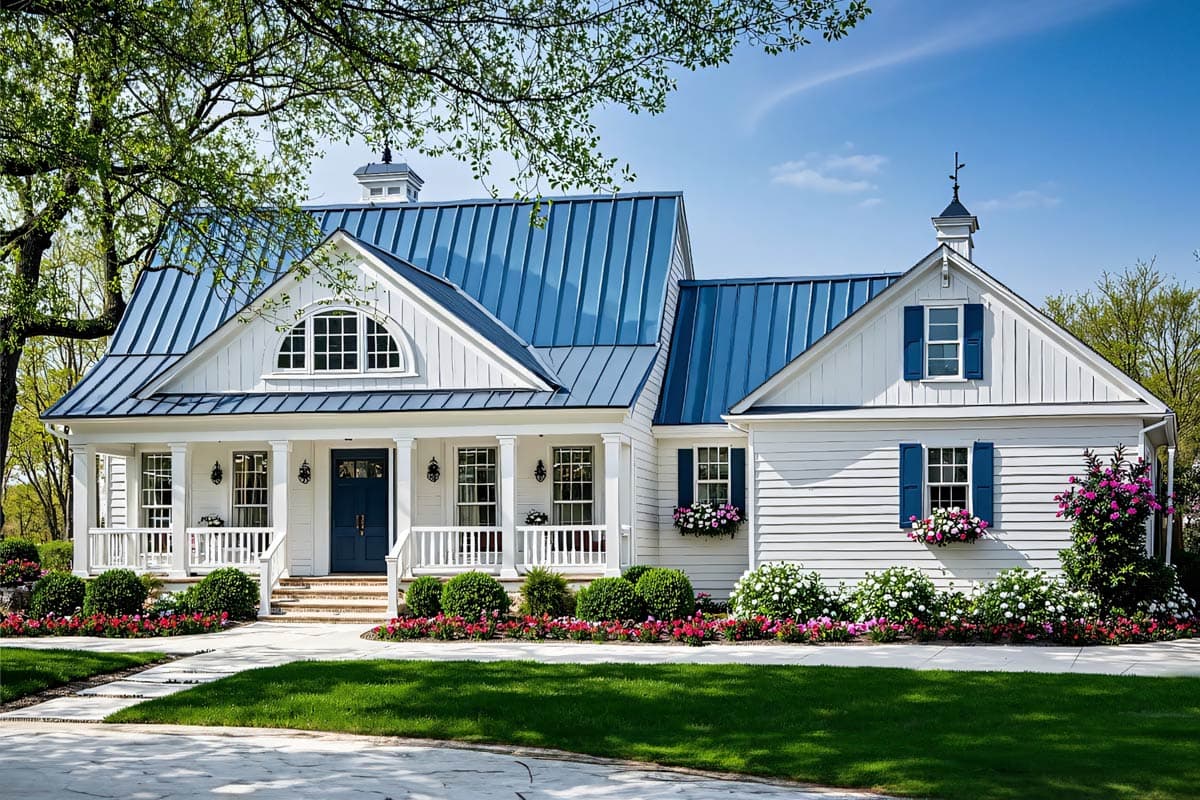 A charming white farmhouse with a blue metal roof, porch, and colorful flower beds. It's a sunny day, with a clear blue sky in the background.