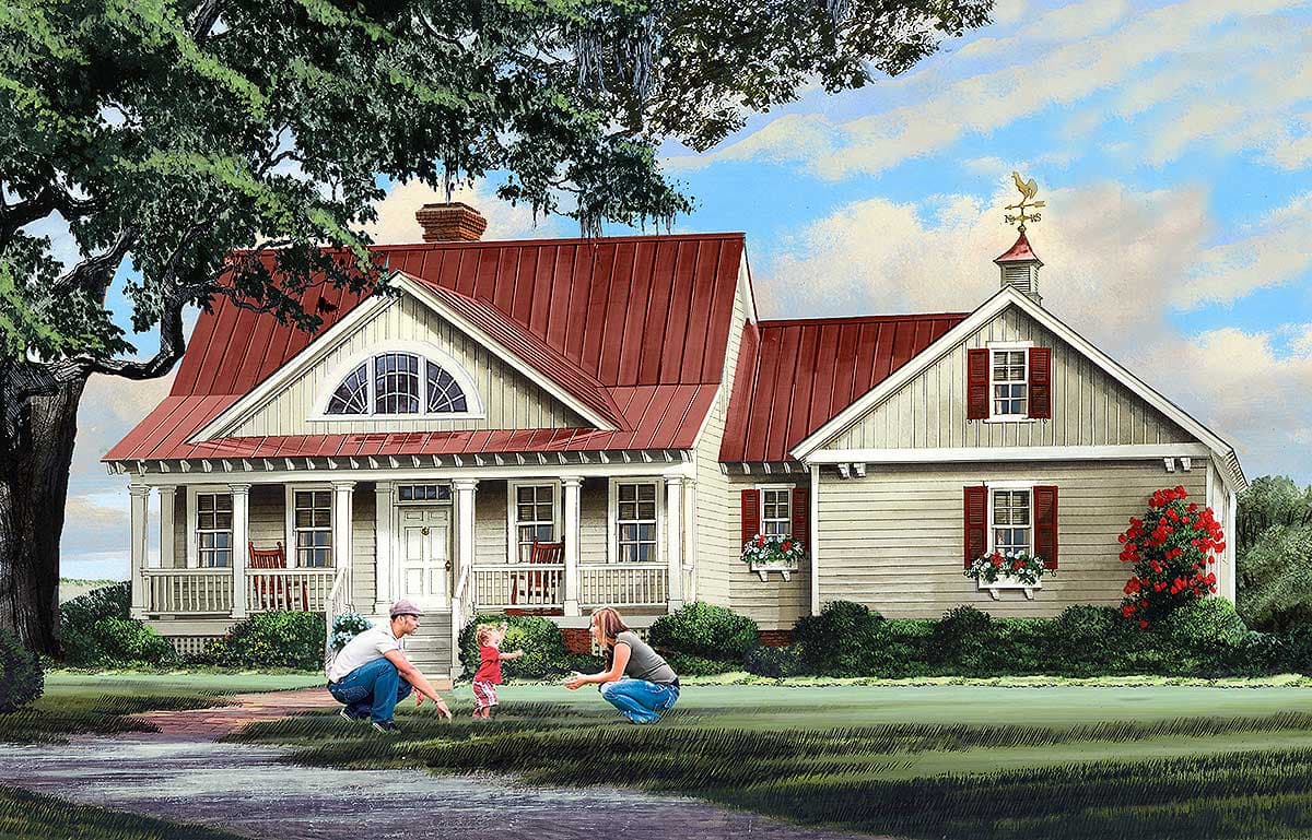 House plan exterior: Ranch style, one story, full front porch, red metal roof, dormer window, and cupola with weathervane.