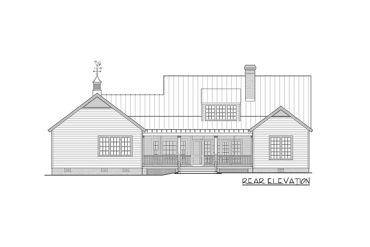 Rear elevation house plan: Single-story home with gabled ends, covered porch, dormer, and chimney.