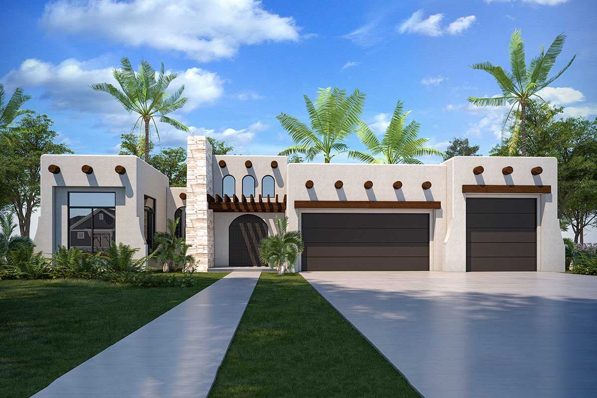 House plan exterior. One-story stucco design with a flat roof. Features include a pergola, arched entry, and detached garage with two bays.