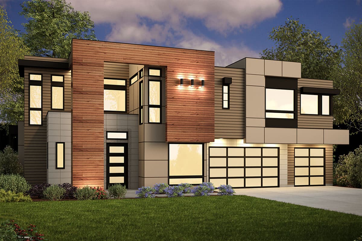 Modern house plan exterior with wood and stucco, two garage doors, and geometric window designs.