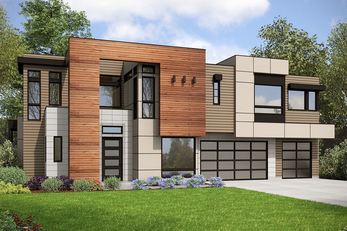 Modern house plan exterior with wood siding, large windows, a covered entry, and a two-car garage.