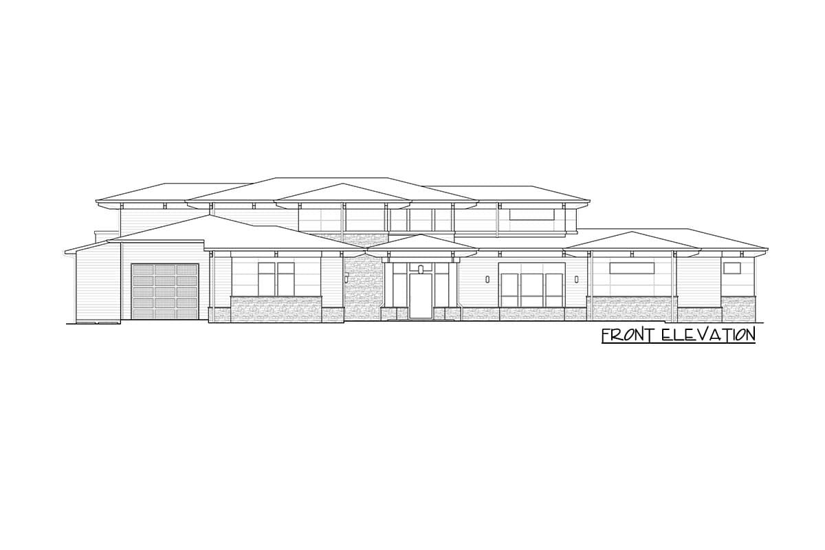 Front elevation drawing of a multi-story house with a garage, covered entry, and diverse rooflines.