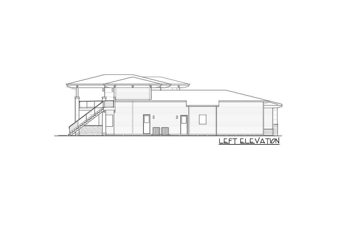 Left elevation drawing of a multi-level house plan with a prominent staircase, covered balcony, and gabled roofline.