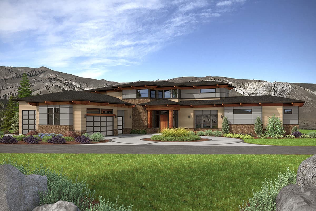 House plan exterior. Modern style, single story. Features include flat roof, garage with glass panel doors, and entry with wood detailing.