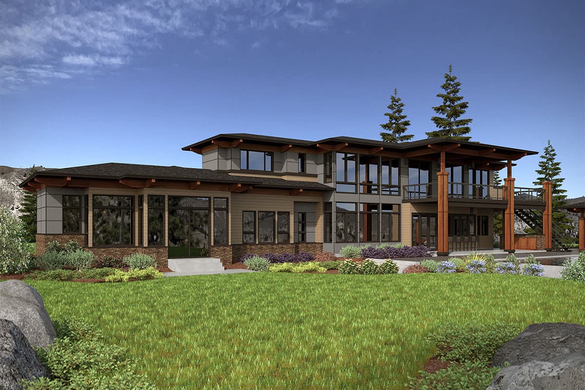 Modern house plan exterior with large windows, multi-level rooflines, exposed wood beams, and stone and wood siding.