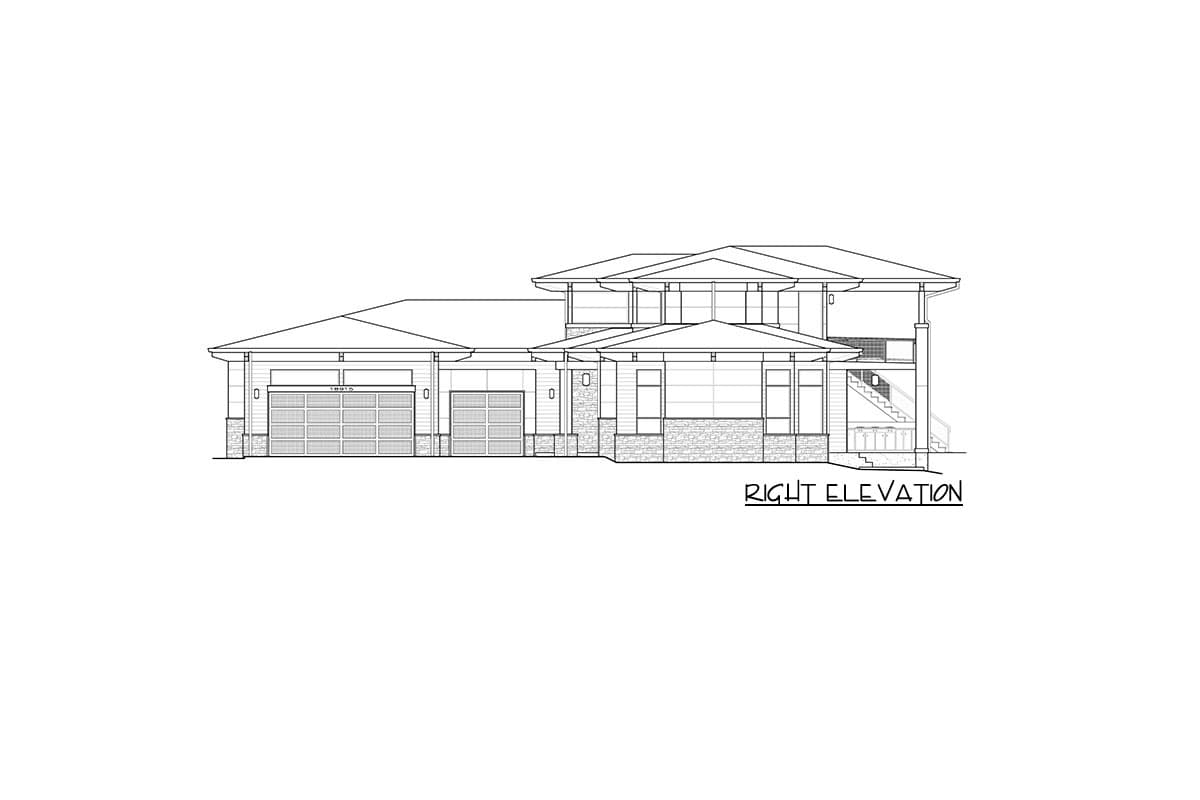 Right elevation drawing of a two-story house plan with a three-car garage, layered rooflines, and stone accents.