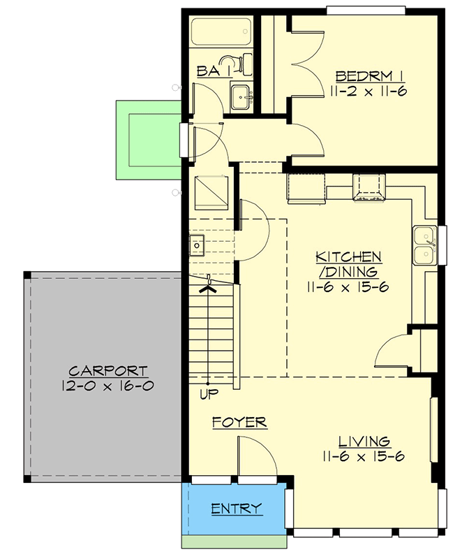 Plan 23875JD: Modern Cottage Plan with Open Living Space and Single Carport - Floor Plan - Main Level - Cottage, Modern, Northwest, Prairie