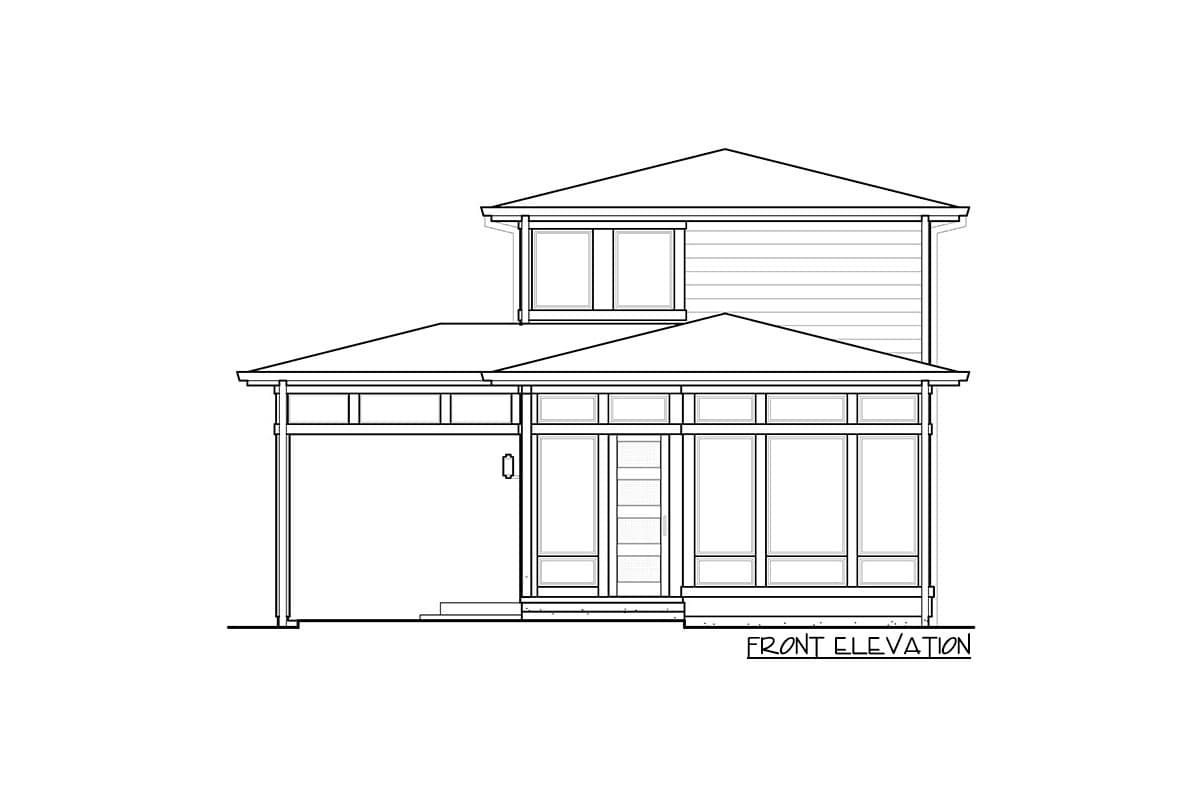 Front elevation drawing of a two-story house plan with a covered porch, large windows, and horizontal siding.