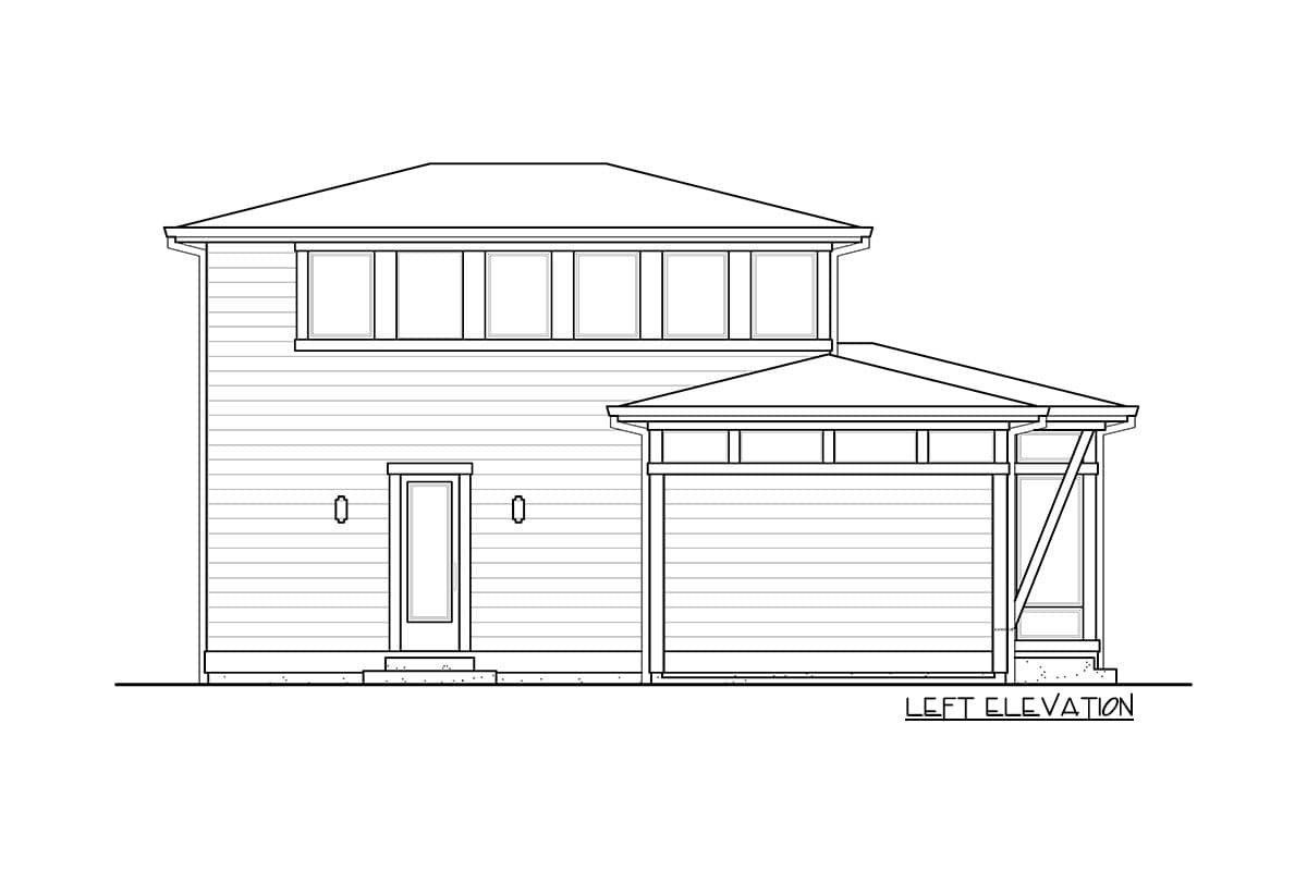 Left elevation drawing of a two-story house plan with horizontal siding, a two-car garage, and clerestory windows.