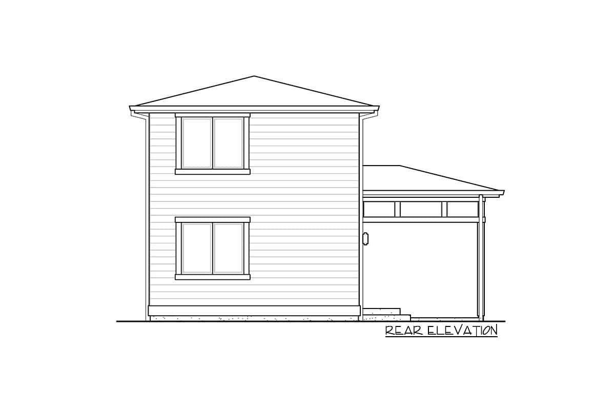 Rear elevation drawing of a two-story house plan with siding, two windows on each level, and an attached carport.