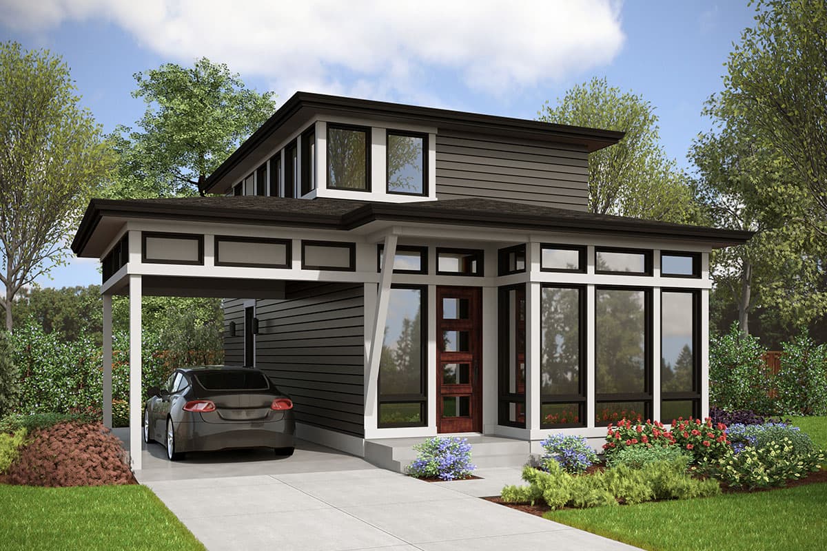 Modern house plan exterior with two stories, carport, horizontal siding, and extensive glazing.