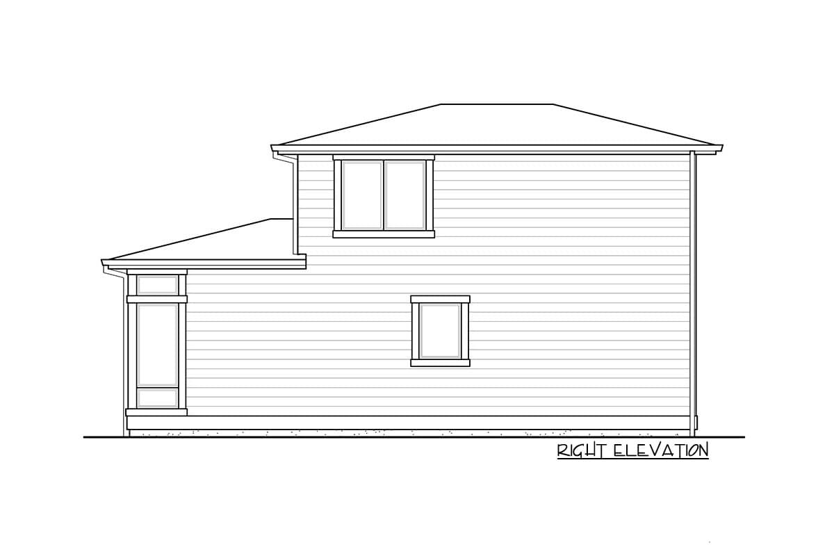 House plan right elevation drawing of a two-story home with horizontal siding and multi-pane windows.