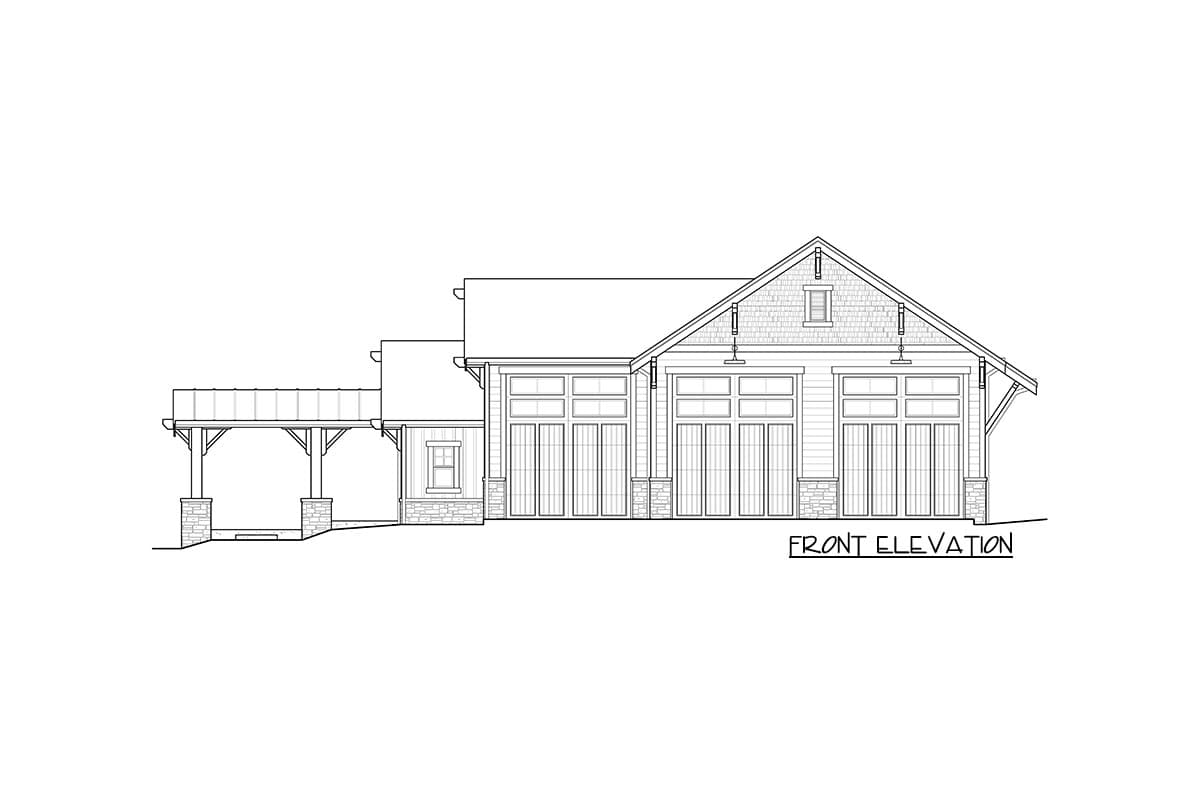 Front elevation drawing of a house plan featuring three garage doors, a covered carport, and a dormer.