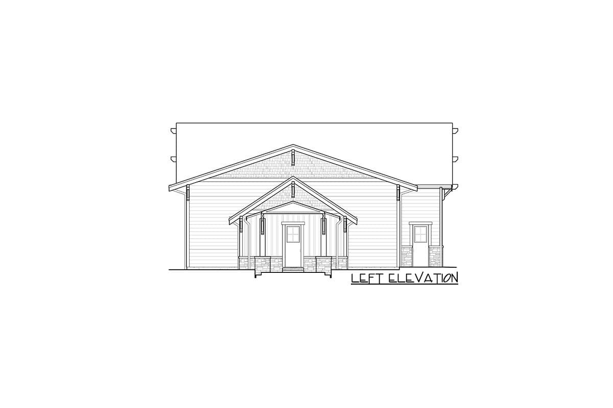 Left elevation of a house plan featuring a covered porch with stone pillars, gabled roof, and dormers.