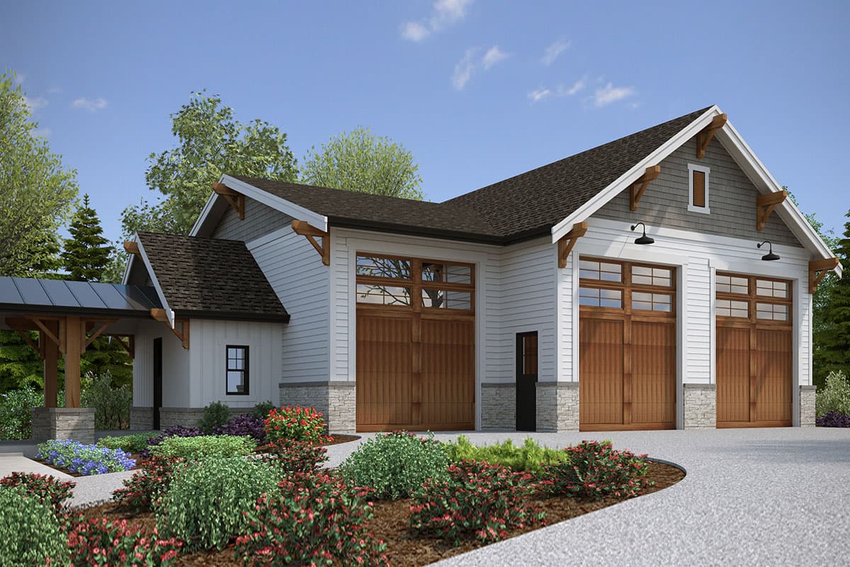 House plan exterior featuring a two-car garage with gabled roof, wood garage doors, and decorative brackets. Stone accents and a covered entry.