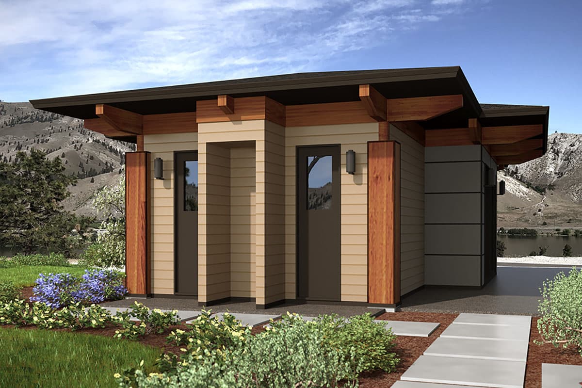 Modern house plan exterior with extended eaves, wood trim accents, and horizontal siding.